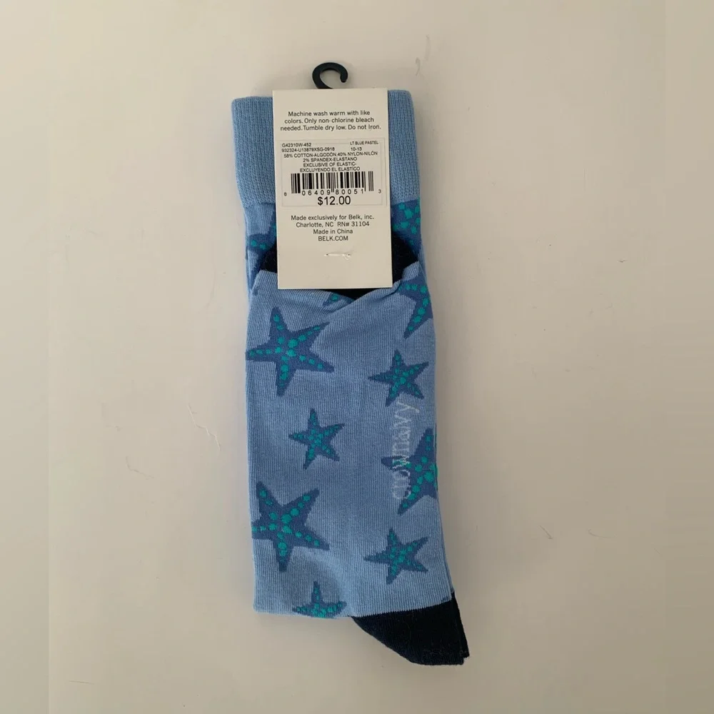 NWT Crown & Ivy Starfish Socks Men Fits Shoe Size 8-12 Light Blue Pattern Pastel